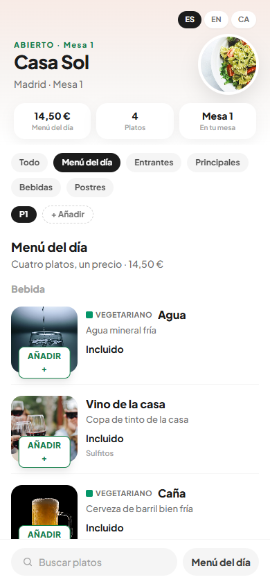 Menú del día en el móvil: bebida, con agua y caña marcadas como vegetariano.