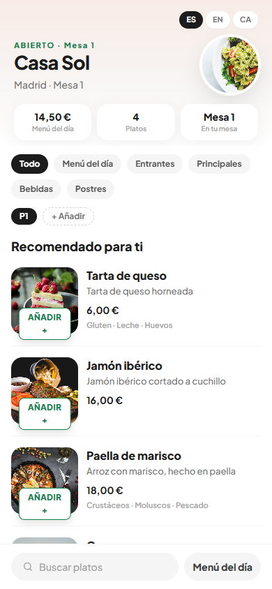 Carta de Casa Sol en el móvil: tarta de queso, jamón ibérico y paella, con el botón Añadir.
